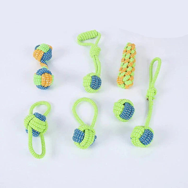 A 7-piece set of premium cotton rope toys for pets, featuring vibrant colours and varied shapes to stimulate your pet's senses