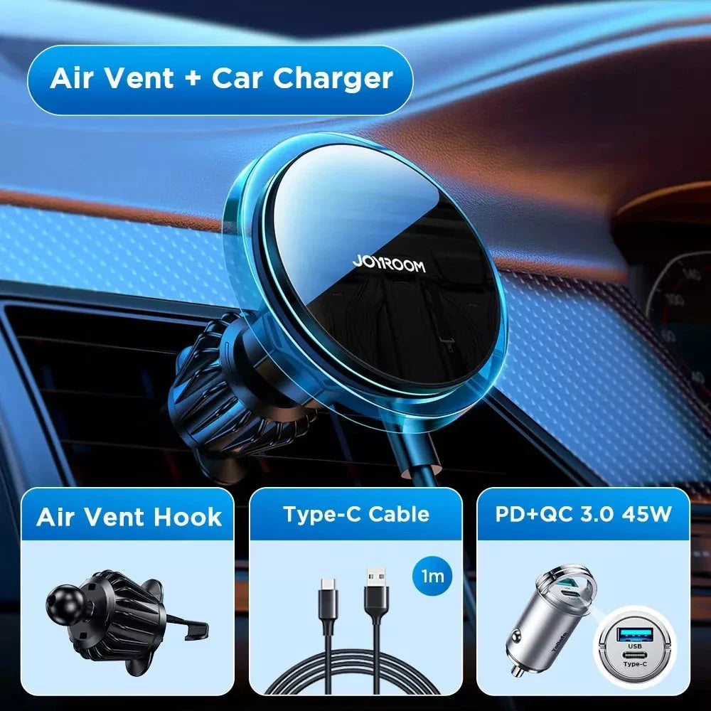 Magnetic wireless car charger in black with CD pattern mirror surface and blue LED lighting