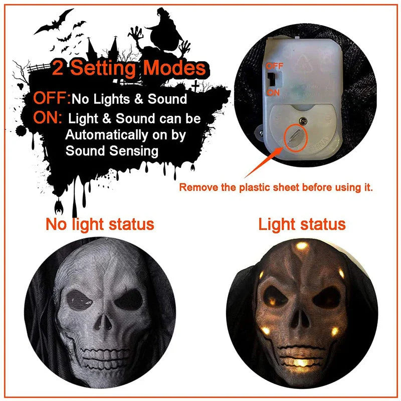 Voice-activated Halloween decoration with ghost-shaped design, lighting, and sound effects