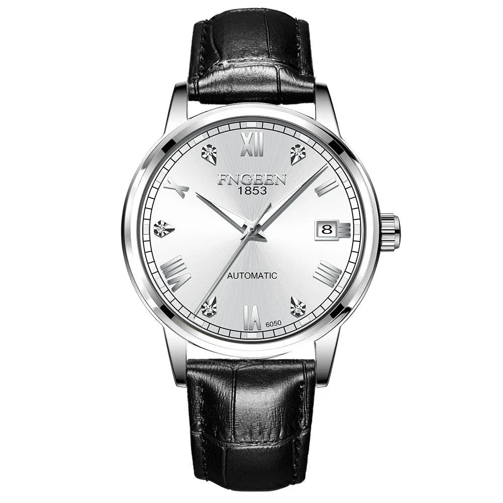 Premium automatic mechanical watch with leather strap, featuring a stainless steel case, luminous hands and markers, and a stylish British-inspired design