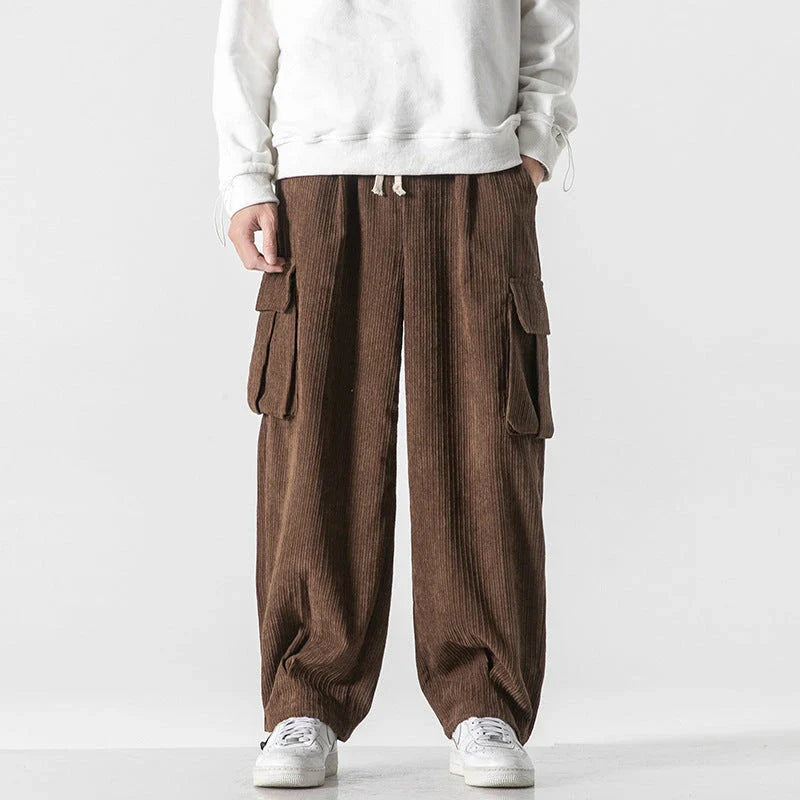 Stylish men's corduroy casual trousers with a relaxed wide-leg silhouette and a variety of classic colour options