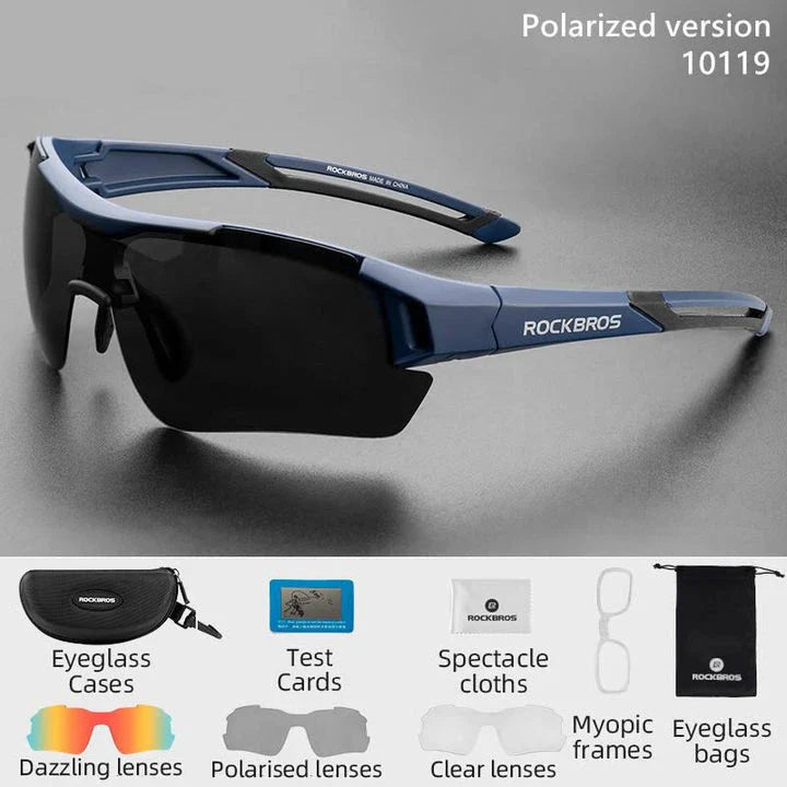 Polarized sports cycling sunglasses with interchangeable lenses in various colours