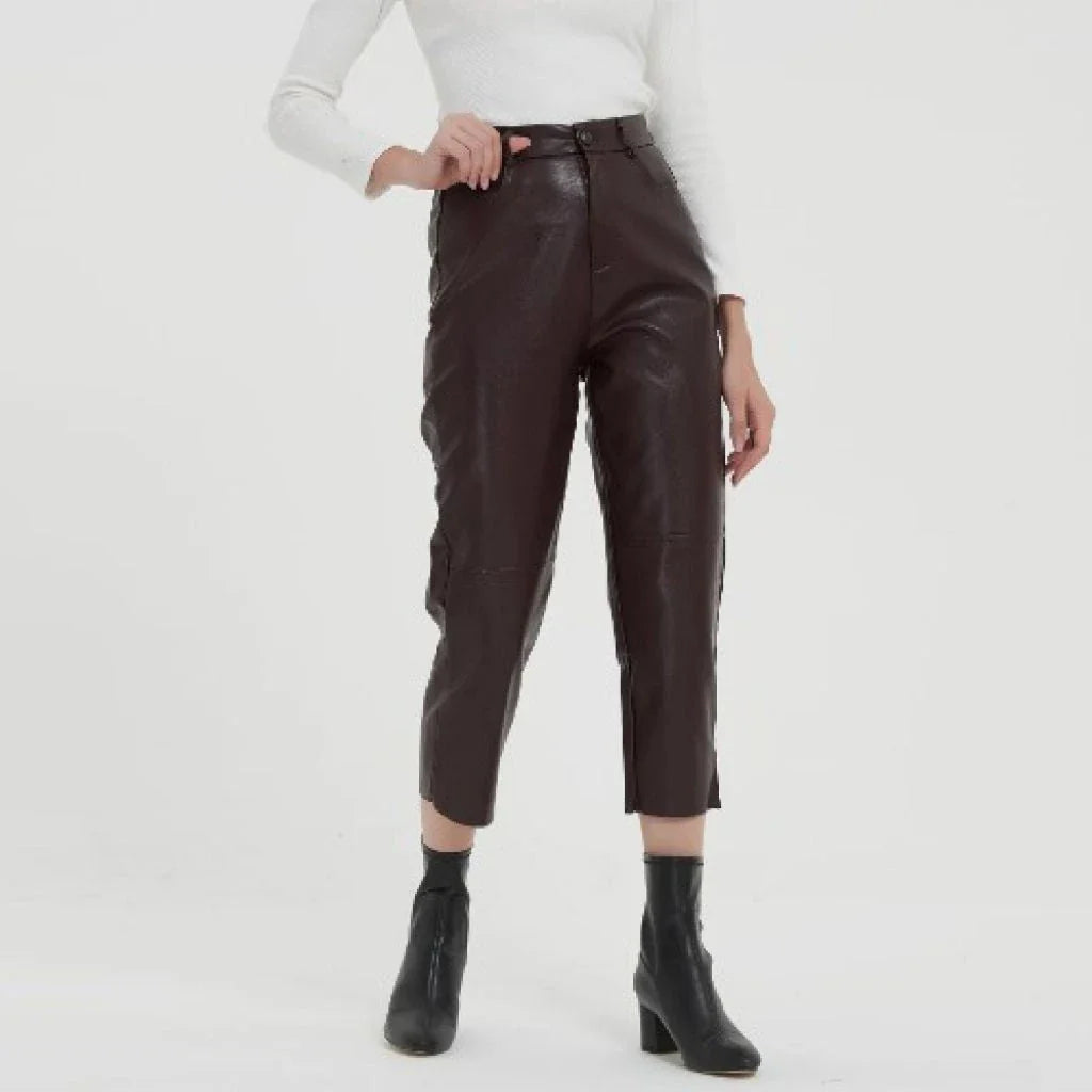 Pair of high-waisted, ankle-length faux leather trousers in a classic brown colour