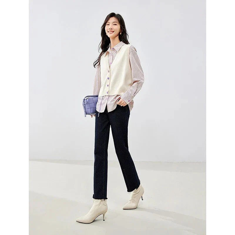 Autumn Polo Neck Blouse and Knitted Vest Set with Stripe Pattern and Button Detailing