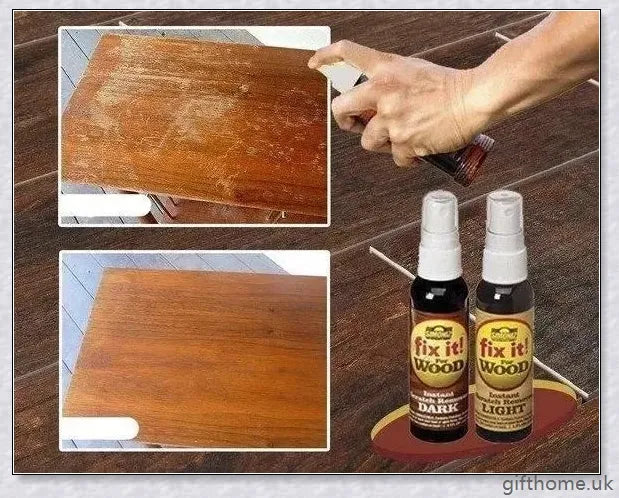 A bottle of premium wood scratch repair spray with a light and dark colour option for blending seamlessly with various wood tones.