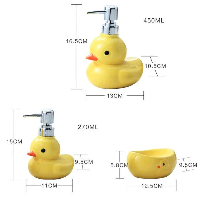 Charming yellow duck ceramic soap dispenser with matching soap dish, perfect for adding a playful touch to your bathroom or kitchen.