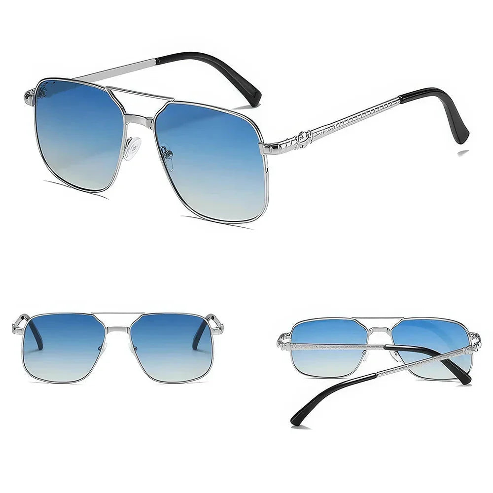 Trendy metal square frame sunglasses with vibrant yellow lenses and red gradient for a bold, modern look