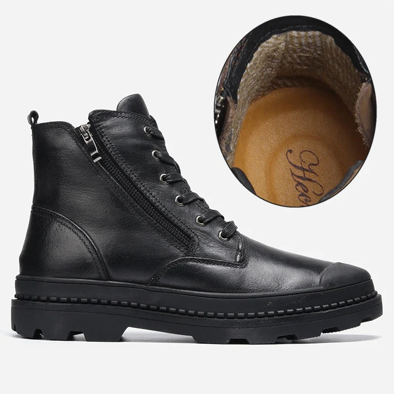 Premium black outdoor work boots with pointed toe, Martins-inspired design, and antiskid sole for British workers
