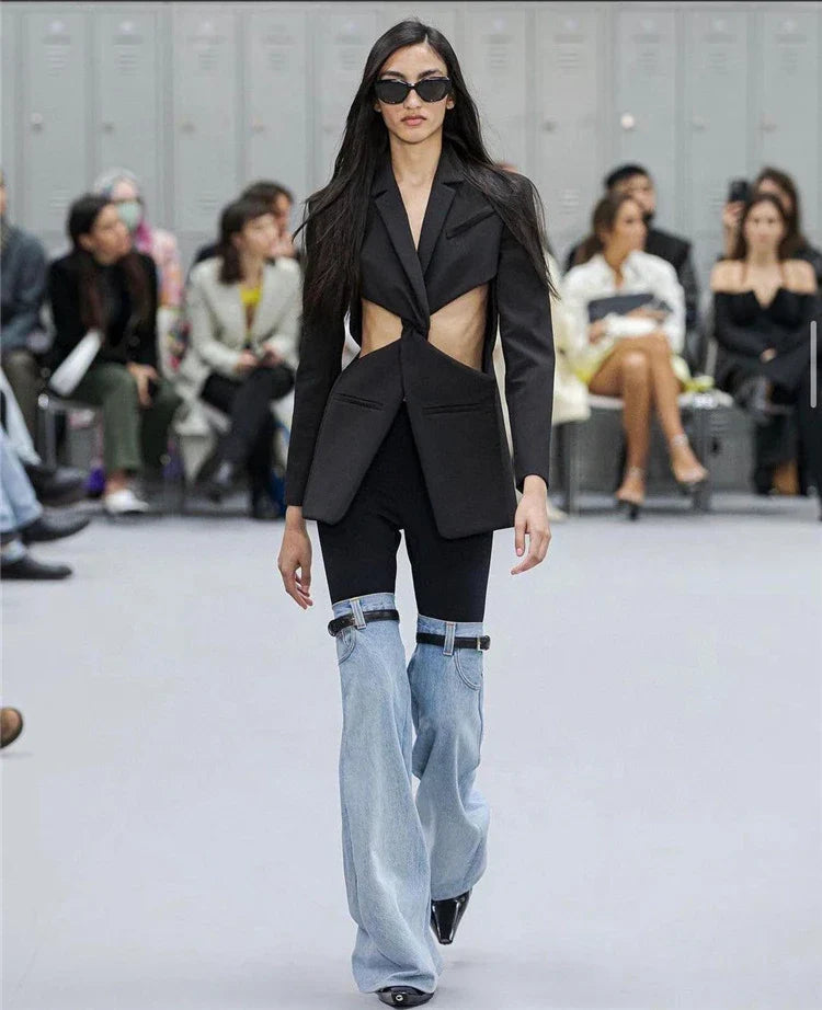 High-waist straight leg chic trousers for women, made from premium denim for a flattering and sophisticated look.