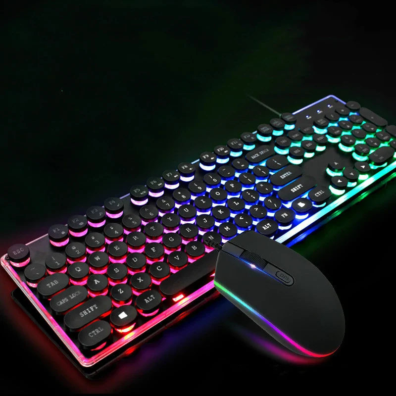 Radiant crystal-like illuminated wired keyboard and mouse combo with sleek, modern design and vibrant backlighting