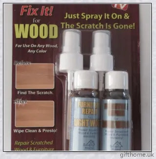 A bottle of premium wood scratch repair spray with a light and dark colour option for blending seamlessly with various wood tones.