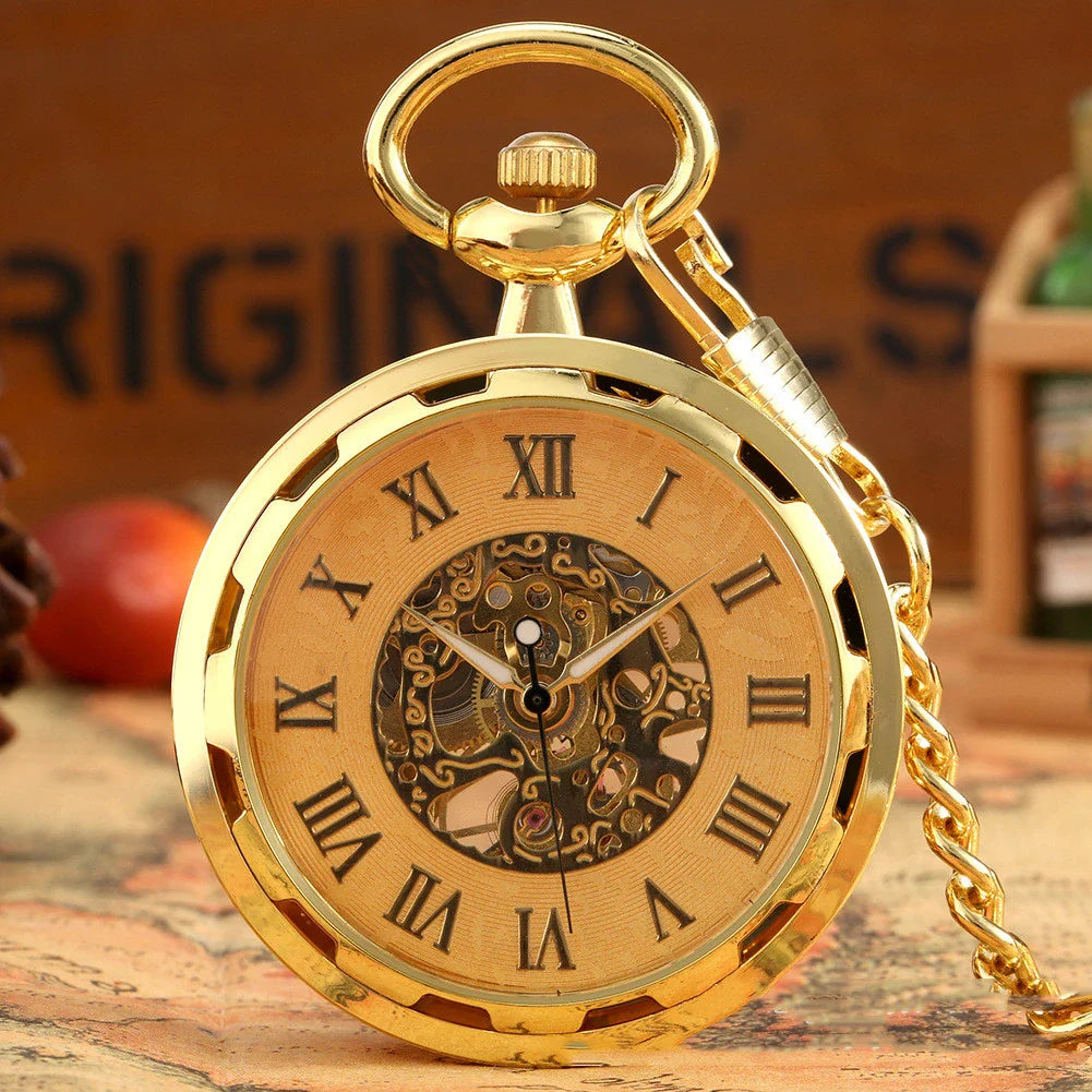 A vintage-inspired mechanical pocket watch with a skeleton display, showcasing the intricate inner workings of the timepiece.