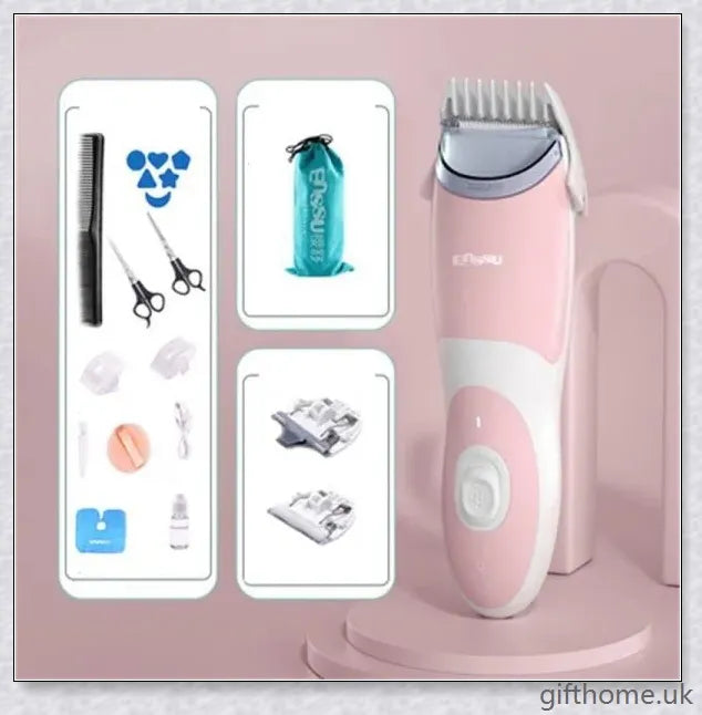 A premium baby hair clipper with a grey colour, featuring an ergonomic design and quiet, vibration-free operation for a smooth, safe haircut experience.