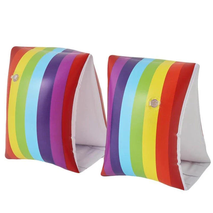 Vibrant inflatable pool floats in rainbow colours for adventurous children to enjoy water play safely