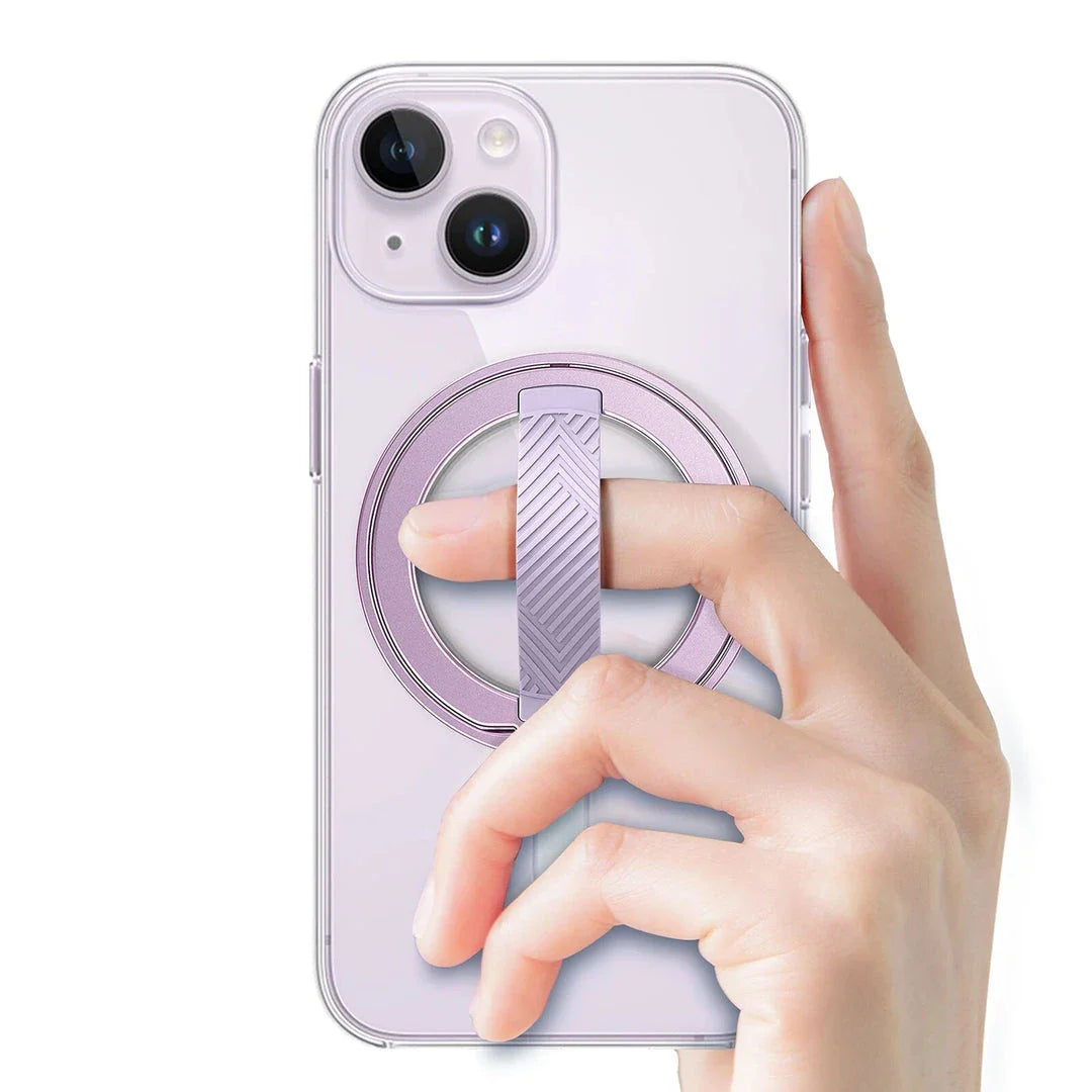 A premium 360-degree magnetic ring phone holder with wireless charging capabilities, made from high-quality aluminium alloy.