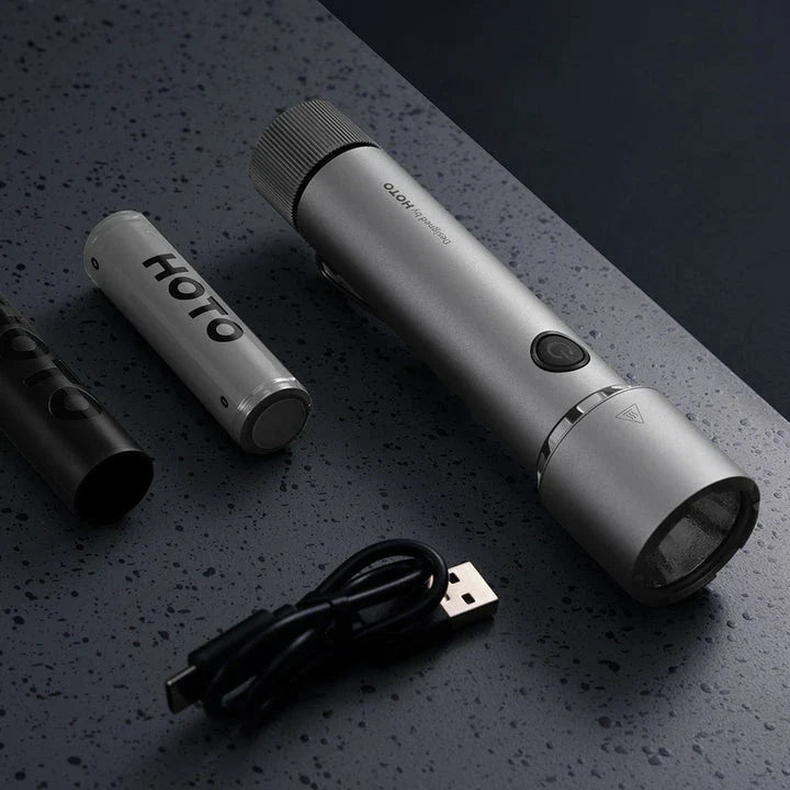 Powerful 2300 lumens tactical flashlight with durable aluminium alloy construction, waterproof design, and versatile functionality for outdoor activities and self-defence.