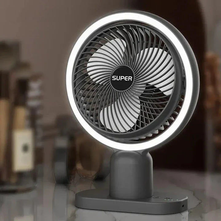 Compact USB-powered desk fan with three-speed airflow and built-in lighting for versatile workspace cooling and illumination
