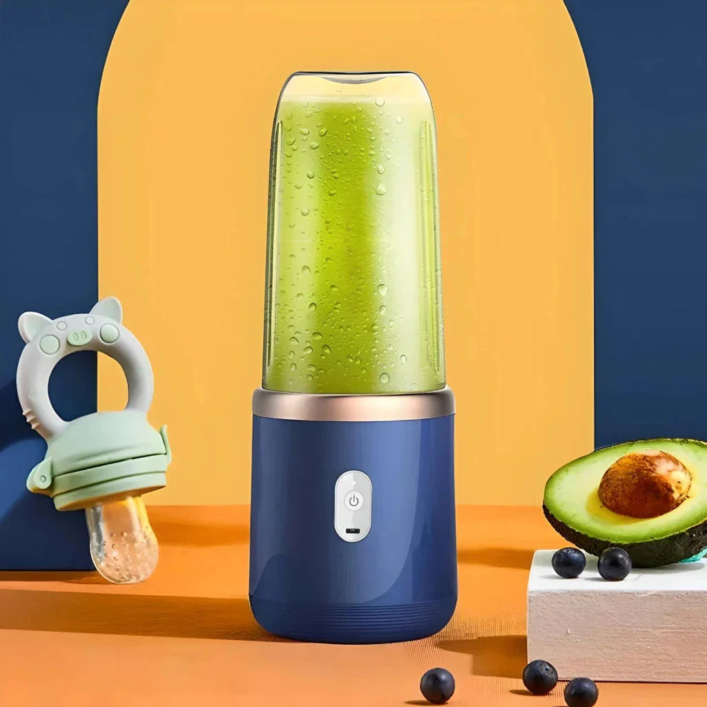 Portable electric juice extractor with a pink lid, designed for on-the-go healthy hydration and wellness