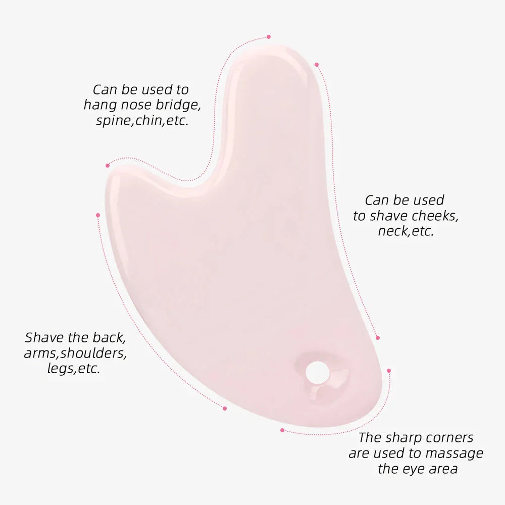 Ceramic Gua Sha facial massager in blue, pink, and white colours, designed to improve circulation and promote lymphatic drainage for radiant, youthful skin.