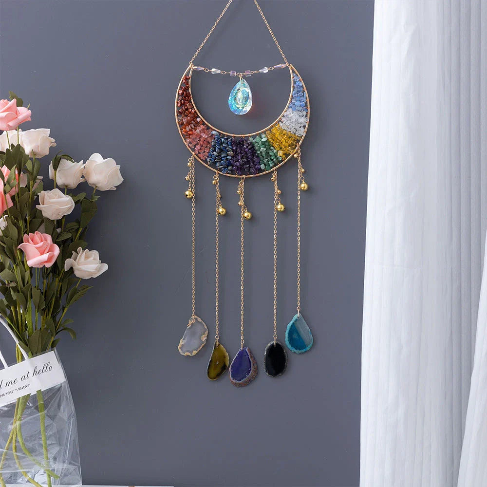 Mesmerising Moon Agate Crystal Pendant Dream Catcher with a stunning array of colourful agate crystals