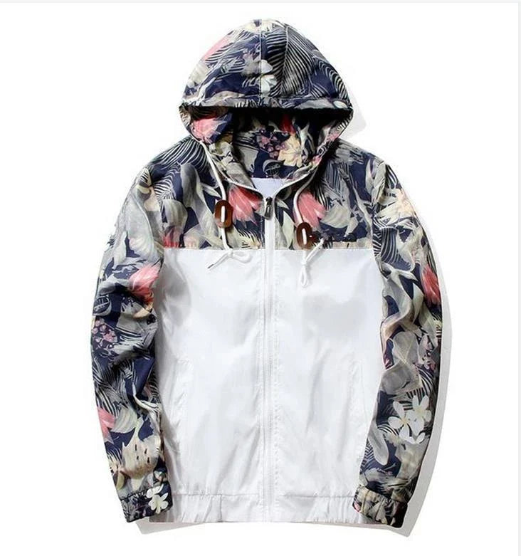 Men's slim-fit hooded jacket with camouflage print, zippered pocket, and premium chemical fibre blend fabric