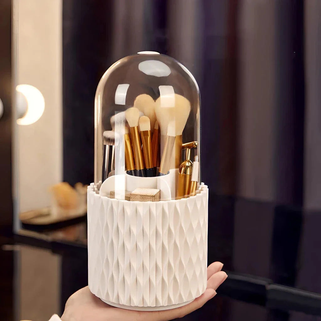 360 degree rotating makeup brush storage box in elegant white design