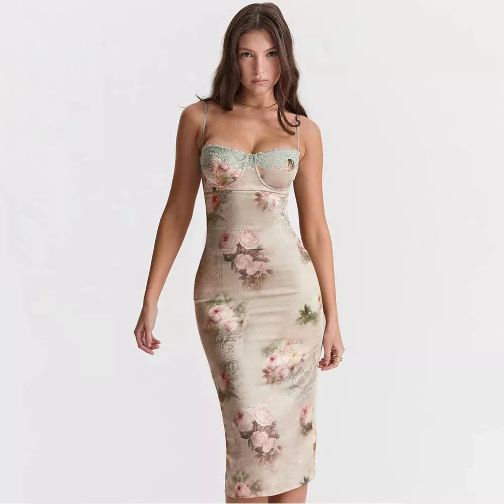 Elegant backless midi dress with spaghetti straps and lace detailing, perfect for stylish summer events in the UK