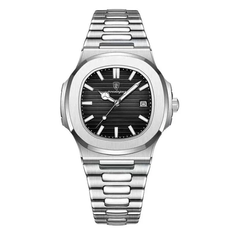 Refined Square Quartz Timepiece with stainless steel band, luminous hands, and water resistance up to 30 metres