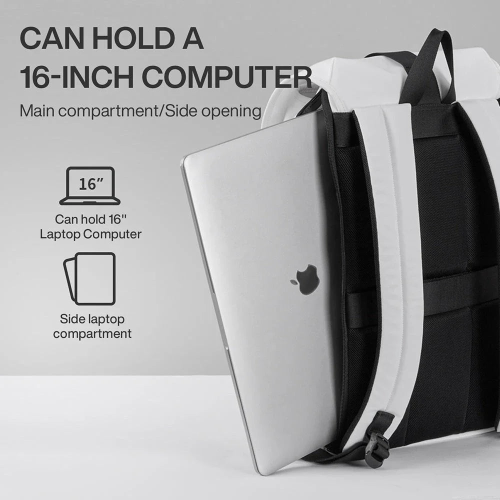 A stylish and versatile 16-inch laptop backpack with a padded compartment, water-repellent fabric, and breathable mesh design