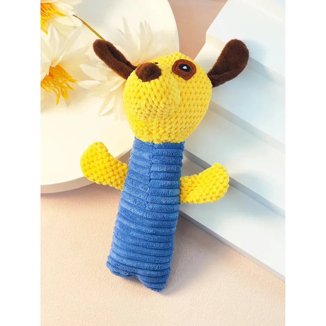 Interactive plush dog toys in the shape of corn kernels and dog figures, made of soft fleece material with built-in squeakers for endless playtime fun.