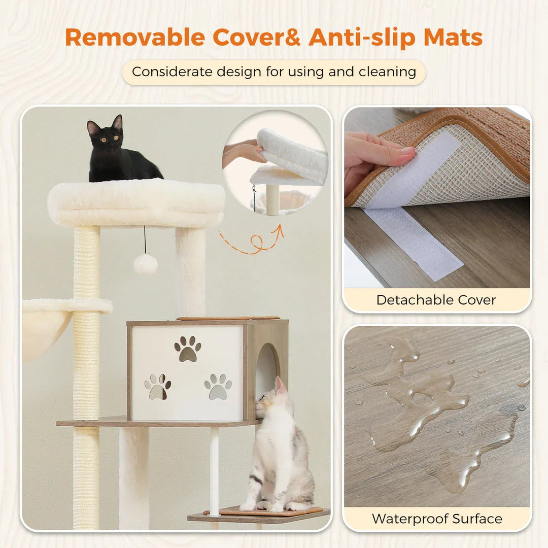 Large multi-level cat tree with spacious condos, hammocks, and sisal scratching posts for cats
