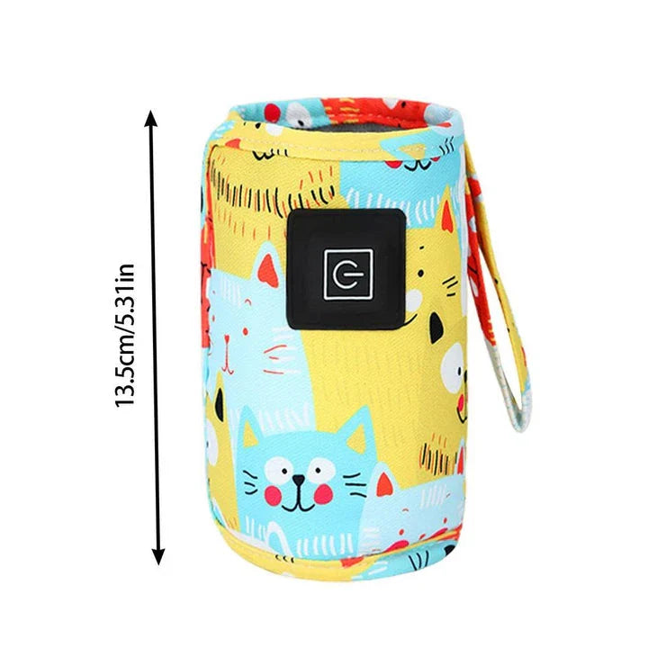Portable USB Baby Bottle Warmer and Insulated Bag in purple, with a USB charging cable and temperature control settings
