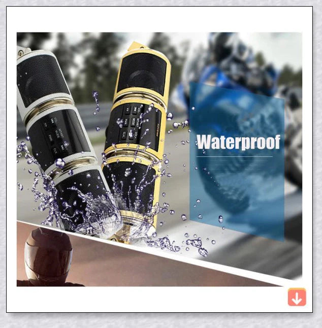 Powerful waterproof Bluetooth motorcycle speaker with resilient metal construction and adjustable handlebar mount