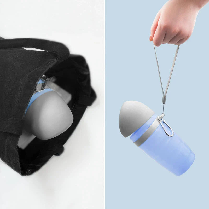 Portable dog water bottle with foldable drinking cup bowl, made of durable and food-grade plastic for safe hydration on walks, hikes, and outdoor activities.