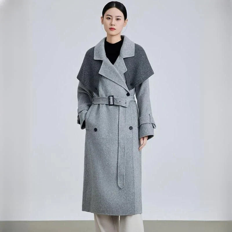 Stylish patchwork woollen blazer with belt in multiple sizes, perfect for spring wear