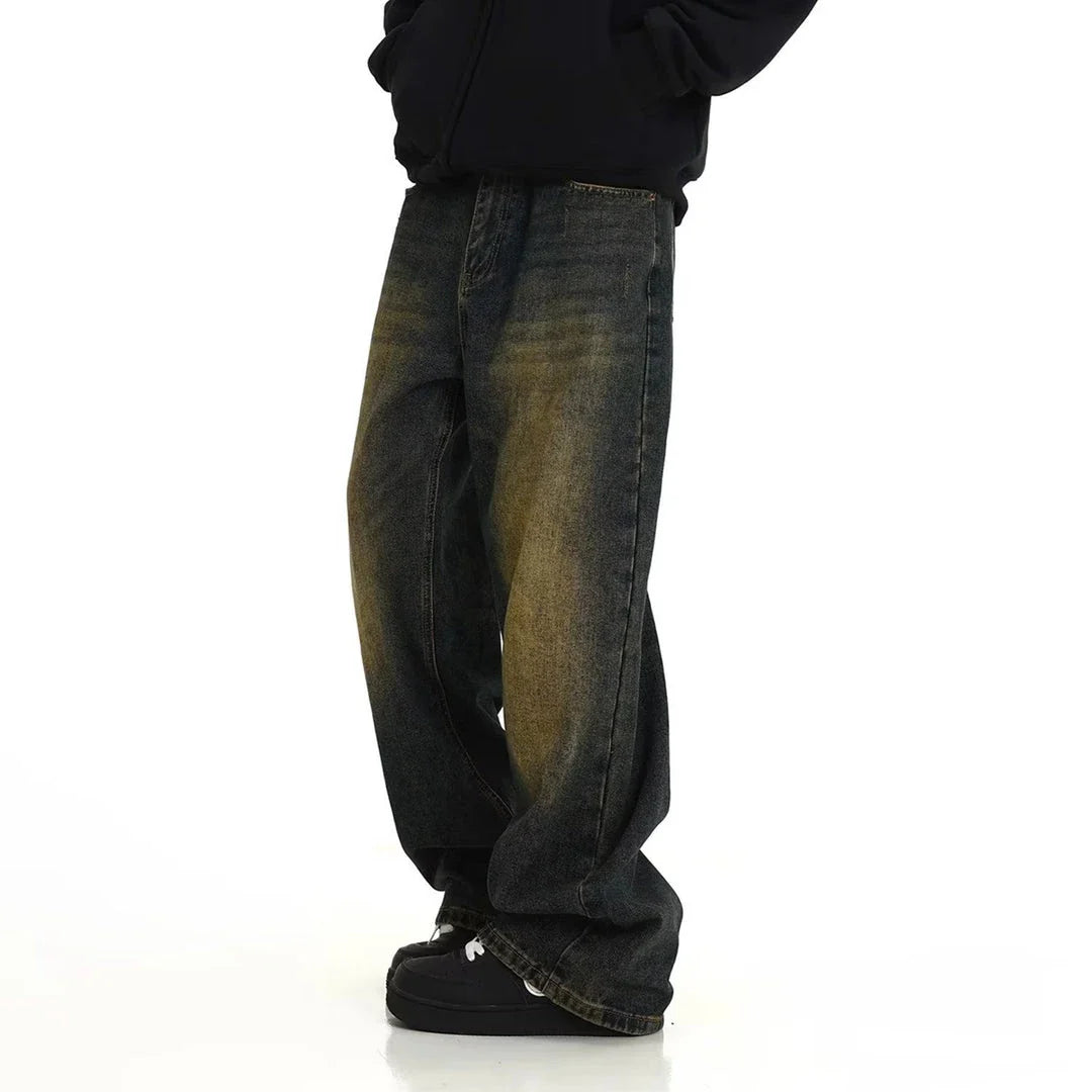 Premium retro blue vintage-inspired men's jeans with relaxed fit and sustainable cotton construction