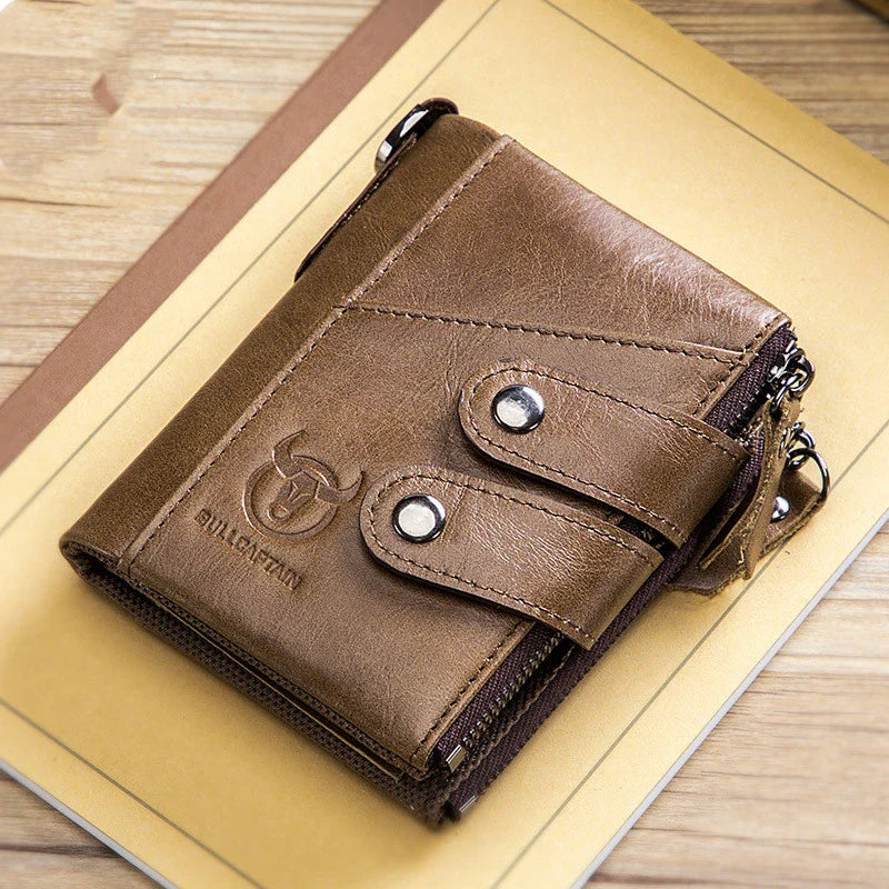 Premium genuine leather men's tri-fold wallet with vintage-inspired zipper closure and classic colour options