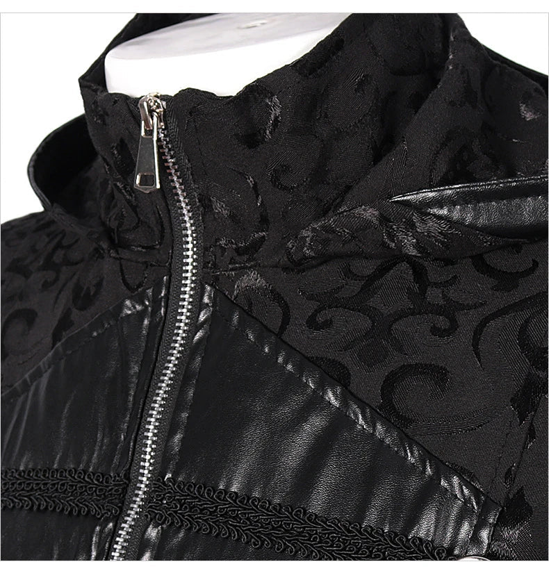 Black stand collar leather gothic cape coat with a flowing, dramatic silhouette