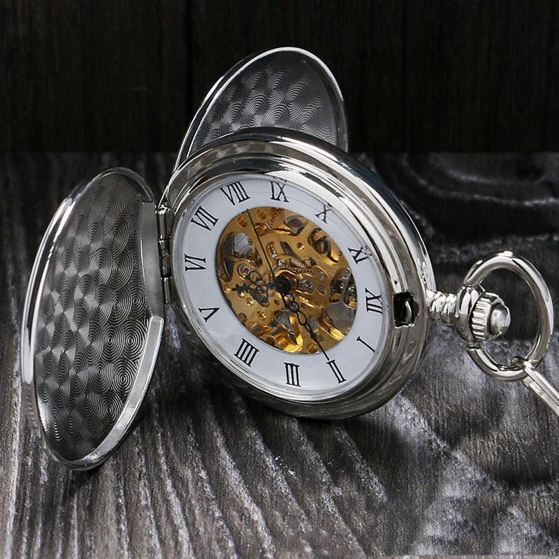 Classic minimalist vintage two-sided mechanical pocket watch in silver tone