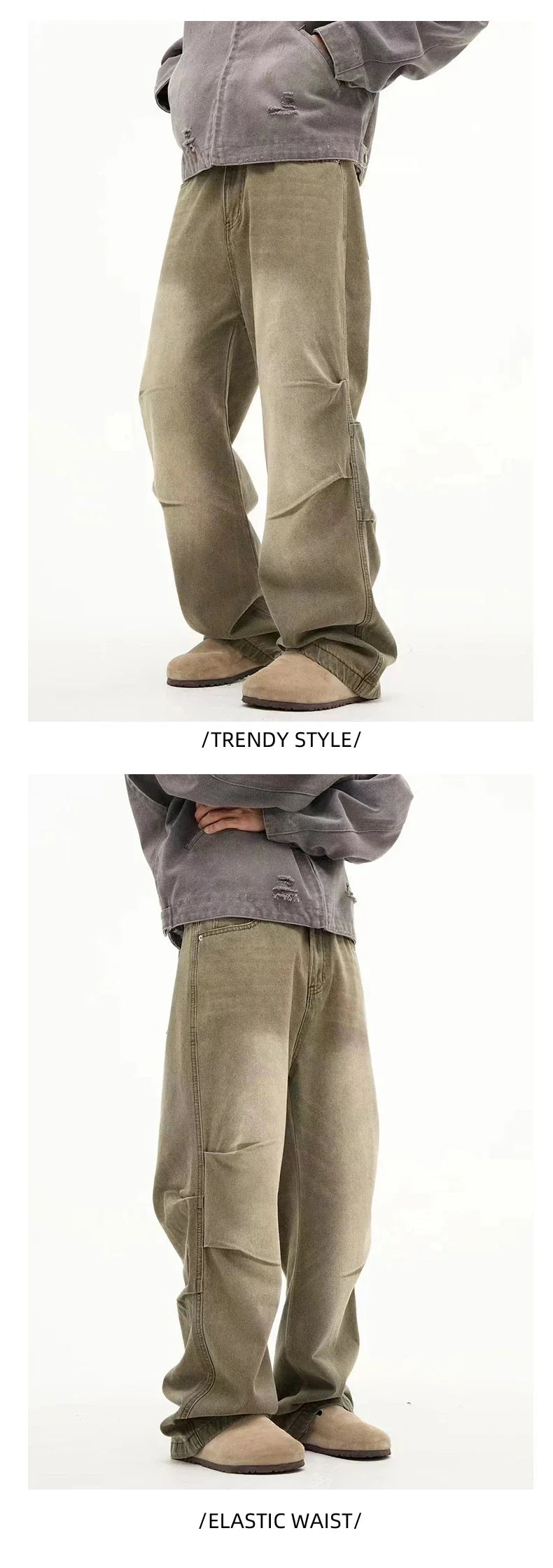 Stylish retro-inspired casual trousers with a distressed finish, available in a range of classic colours and sizes to suit the modern British consumer.