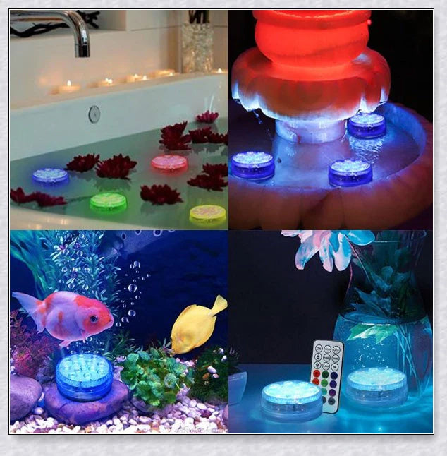 Submersible colour-changing LED pool lights with magnetic and suction cup mounting for easy installation