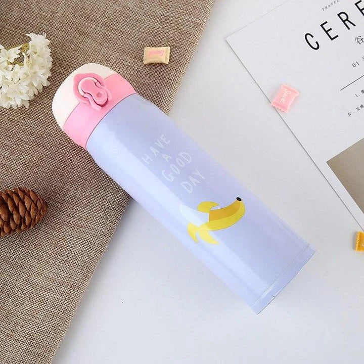 Premium stainless steel vacuum insulated thermos bottle with vibrant fruit print design, perfect for keeping children's drinks hot or cold.
