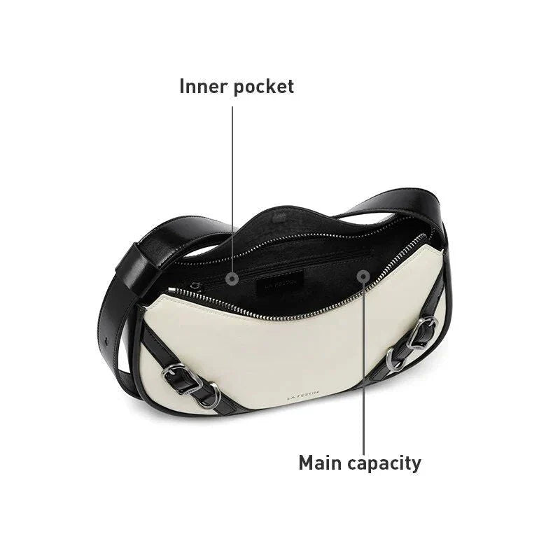 Elegant black shoulder and crossbody baguette bag made with premium split leather and synthetic lining