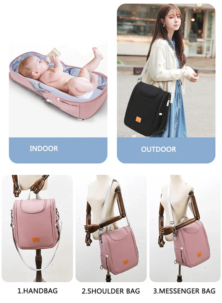 Versatile baby changing backpack with convertible crib bed, large storage capacity, and insulated feeding bottle compartment
