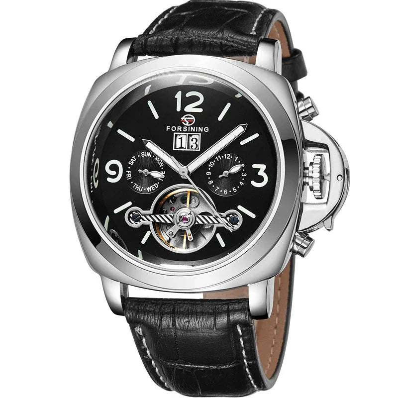 Automatic luminous skeleton watch with stainless steel case and genuine leather strap for men
