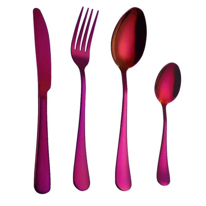 Premium eco-friendly stainless steel tableware set including knife, fork, spoon, and tea spoon in a sophisticated frosted finish