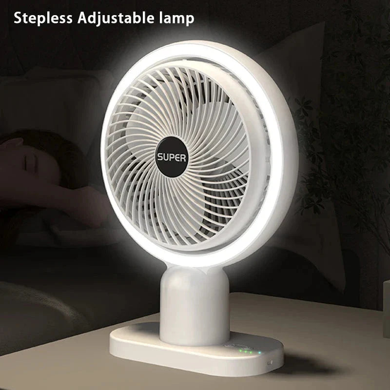 Compact USB-powered desk fan with three-speed airflow and built-in lighting for versatile workspace cooling and illumination