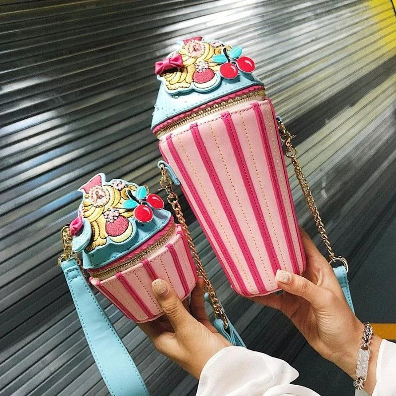 A stylish, ice cream-themed messenger bag with a vibrant print, durable PU leather construction, and a versatile bucket-style design.