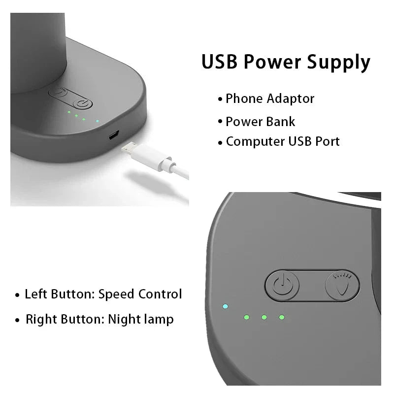 Compact USB-powered desk fan with three-speed airflow and built-in lighting for versatile workspace cooling and illumination