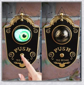 Spooky animated Halloween doorbell with a lifelike glowing green eyeball that peers out and greets guests